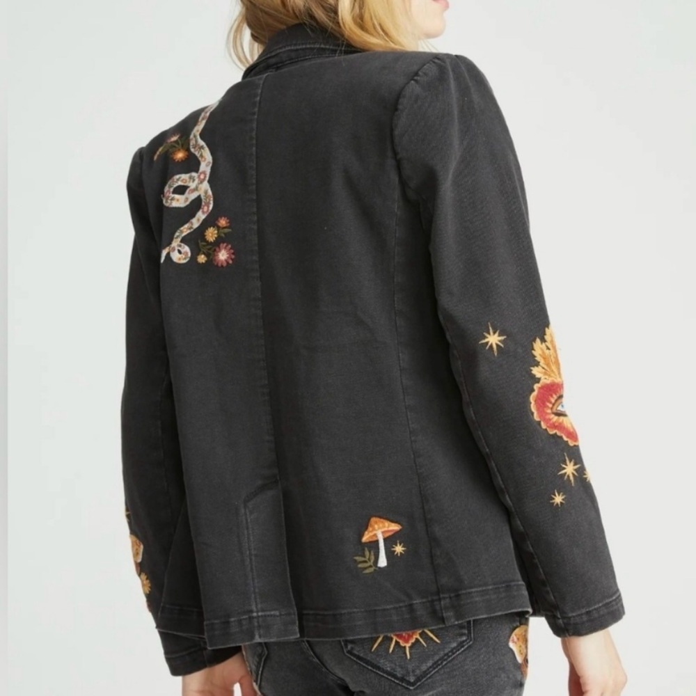 DRIFTWOOD / Free People Black Denim Embroidered Blazer with Mushroom sz L NWT - Picture 2 of 8